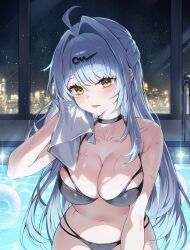 1girl ahoge alternate_costume bare_shoulders bikini black_bikini black_choker blue_hair blush breasts choker closed_mouth collarbone commentary hair_between_eyes highres holding holding_towel ien_(to_yen) indoors large_breasts long_hair looking_at_viewer navel night parted_lips pool solo stomach swimsuit towel very_long_hair wet yellow_eyes yixuan_(zenless_zone_zero) zenless_zone_zero