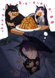 1girl absurdres animal_ears arknights bed black_hair black_kimono chopsticks dog dog_ears dog_girl dreaming eating closed_eyes facial_mark food forehead_mark highres holding japanese_clothes kimono long_hair purple_kimono saga_(arknights) shiba_inu sleeping tofu uh9