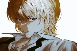 1boy bishounen black_necktie blonde_hair collared_shirt commentary earrings eyelashes hunter_x_hunter jewelry kurapika looking_to_the_side male_focus necktie open_collar partially_shaded_face piercing sanpaku sgossho shirt short_hair sideways_glance simple_background single_earring solo sparkle teeth undone_necktie white_background white_shirt