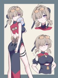 1girl absurdres black_dress border breasts brown_hair china_dress chinese_clothes clothing_cutout commentary_request dress eyewear_on_head green_border hair_over_one_eye hand_fan highres holding holding_fan kuukuro_nyanko large_breasts looking_at_viewer multiple_views pelvic_curtain purple_eyes red_dress short_twintails simple_background sleeveless sleeveless_dress sweety_(zenless_zone_zero) tinted_eyewear tuanshan twintails two-tone_dress underboob_cutout yellow-tinted_eyewear yellow_background zenless_zone_zero