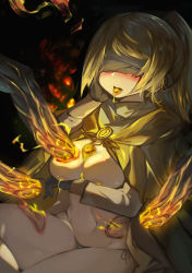 absurdres areola_slip black_background blindfold blonde_hair blush breasts burning cloak covering_nipples covering_privates elden_ring fingerprint fire highres hyetta_(elden_ring) large_breasts panties ponytail side-tie_panties slime_(substance) sora_sakura spoilers three_fingers_(elden_ring) topless_female underwear yellow_liquid