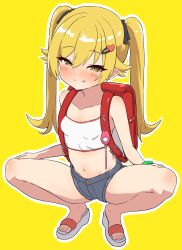 1girl absurdres backpack bag bare_shoulders blonde_hair blush bracelet crime_prevention_buzzer denim denim_shorts fang highres jewelry long_hair mesugaki monogatari_(series) oshino_shinobu pointy_ears randoseru sandals shorts simple_background sitting solo squatting stomach yellow_eyes yoshikirino