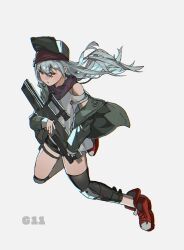 Rule 34 | 1girl, absurdres, assault rifle, bullpup, caseless firearm, character name, full body, g11 (girls&#039; frontline), girls&#039; frontline, green eyes, green hat, grey background, grey hair, gun, h&amp;k g11, hair between eyes, half-closed eyes, hat, highres, holding, holding gun, holding weapon, jacket, knee pads, long hair, parted lips, red footwear, rifle, simple background, solo, untied shoelaces, weapon, yongsadragon