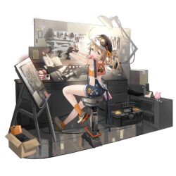 Rule 34 | 1girl, automatic shotgun, black gloves, black hat, blonde hair, blow-forward firearm, blue overalls, book, bullpup, camisole, character name, commentary, copyright name, denim, denim shorts, donut, english commentary, fingerless gloves, food, full body, gas-seal revolver, girls&#039; frontline, gloves, goggles, goggles on head, gun, hat, highres, long hair, looking at viewer, mk3a1 (girls&#039; frontline), mk3a1 (the art of mk3a1 maintenance) (girls&#039; frontline), namyo, newsboy cap, official alternate costume, official art, open book, orange socks, overalls, pancor jackhammer mk3a1, promotional art, prototype design, purple eyes, revolver shotgun, shoes, shorts, shotgun, sitting, sneakers, socks, solo, stretching, suspenders, toolbox, transparent background, weapon, white camisole, white shoes