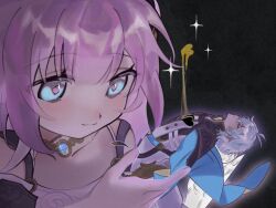 Rule 34 | 1boy, 1girl, ahoge, black background, blue eyes, coat, commentary, cyrene (honkai: star rail), dress, gold blood, honkai: star rail, honkai (series), jewelry, necklace, phainon (honkai: star rail), pink hair, pink pupils, short hair, smile, symbol-only commentary, uvj9x2, white coat, white dress, white hair