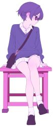 1girl bag collared_shirt flat_chest full_body green_eyes handbag highres kingrun loafers looking_to_the_side miniskirt original purple_hair purple_sweater shirt shoes short_hair sitting skirt solo sunglasses sweater