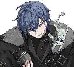 1boy black_jacket black_shirt blue_eyes blue_hair braid cat ear_piercing fur_collar grin hair_ornament highres jacket jewelry koyanagi_rou looking_at_viewer male_focus necklace nijisanji piercing ring shirt short_hair simple_background smile solo upper_body virtual_youtuber wasabi_(d82nsst) white_background white_cat