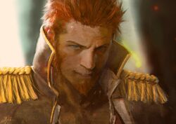 1boy animated animated_gif blue_eyes brown_hair commentary_request epaulettes facial_hair fate/grand_order fate_(series) fringe_trim goatee jacket leather leather_jacket long_sideburns male_focus military military_uniform napoleon_bonaparte_(fate) open_clothes open_jacket open_shirt partially_unbuttoned portrait realistic short_hair sideburns smile solo sparkle yueliang_lian_(1570050215)