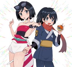 2boys :d :o black_hair blush bracelet calem_(pokemon) collar collarbone commentary_request cosplay eyelashes flute grey_eyes hands_up highres hisuian_poke_ball holding holding_poke_ball instrument irida_(pokemon) irida_(pokemon)_(cosplay) jacket jewelry leg_hold male_focus multiple_boys nintendo open_mouth poke_ball pokemon pokemon_legends:_arceus pokemon_xy ponytail red_scarf rei_(pokemon) sana_(37pisana) sash scarf shirt short_shorts shorts smile strapless strapless_shirt sunglasses sweat waist_cape white_background white_shorts