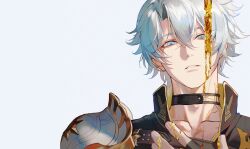 1boy antenna_hair armor black_choker black_gloves black_shirt blue_eyes choker dripping fingerless_gloves gloves hashtag-only_commentary highres honkai:_star_rail honkai_(series) looking_at_viewer male_focus neck_tattoo parted_bangs parted_lips pauldrons phainon_(honkai:_star_rail) shirt short_hair shoulder_armor simple_background single_pauldron solo srro_yo sun_symbol sun_tattoo tan tattoo white_background white_hair