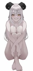 Rule 34 | 1girl, :d, anemoneeanemone, barefoot, bolt (min lona), breasts, censored, cleavage, completely nude, goat horns, highres, horns, legs up, long hair, nude, open mouth, original, pale skin, parted lips, smile, white hair, yellow eyes
