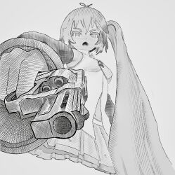 aiming akita_neru armpit_crease cowboy_shot detached_sleeves greyscale gun handgun hatching_(texture) highres holding holding_gun holding_weapon lineart monochrome navel open_mouth ponytail revolver shirt skirt tagme weapon