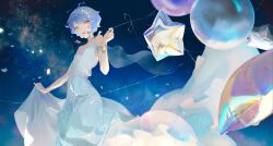 1girl absurdres balloon blue_hair bracelet dress haru_udon highres hoshimi_madoka indie_virtual_youtuber jewelry looking_at_viewer open_mouth second-party_source short_hair solo star_balloon virtual_youtuber white_dress
