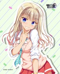 Rule 34 | 1girl, absurdres, ambitious mission, aqua necktie, arisue tsukasa, blonde hair, blue eyes, blush, breasts, collared shirt, company name, convenient arm, copyright name, cowboy shot, drop shadow, earrings, eyelashes, eyes visible through hair, green background, grin, gyaru, hair between eyes, hair intakes, hand up, happy, highres, hongou nijimu, hoop earrings, jewelry, kogal, large breasts, long hair, long sleeves, looking at viewer, miniskirt, necktie, official art, outline, pink sweater vest, plaid clothes, plaid necktie, pleated skirt, red skirt, school uniform, scrunchie, shirt, simple background, skirt, sleeves rolled up, smile, solo, stud earrings, sweater vest, v, v over mouth, white outline, white shirt, wrist scrunchie