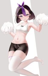 1girl absurdres black_hair black_shorts blush breasts cheerleader goddess_of_victory:_nikke gym_shorts highres holding holding_pom_poms looking_at_viewer midriff mole mole_under_eye multicolored_hair navel pom_pom_(cheerleading) pom_poms purple_eyes purple_hair short_hair shorts skindentation small_breasts solo sports_bra streaked_hair syuen_(nikke) thighhighs two-tone_hair wavy_mouth white_sports_bra white_thighhighs yomining