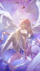 1girl absurdres angel_wings bell black_shorts boots breasts commentary_request corset diamond-shaped_pupils diamond_(shape) elysia_(herrscher_of_human:_ego)_(honkai_impact) elysia_(honkai_impact) hair_ornament highres honkai_(series) honkai_impact_3rd knee_boots large_breasts long_hair pink_hair purple_eyes shorts smile solo symbol-shaped_pupils thigh_strap thighs very_long_hair white_boots white_corset wings zh1k_yy