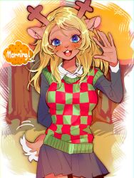 1girl :3 \||/ aegyo_sal animal_ears antlers arm_behind_back black_shirt black_skirt blonde_hair blue_eyes blush border breasts brown_tail checkered_clothes checkered_sweater_vest chromatic_aberration collared_shirt commentary_request cowboy_shot dark-skinned_female dark_skin deer_antlers deer_ears deer_girl deer_tail deltarune english_text freckles furry furry_female grass green_sweater_vest hair_over_shoulder hand_up head_tilt highres horns layered_sleeves long_hair long_sleeves looking_at_viewer medium_breasts miniskirt noelle_holiday open_mouth outdoors outside_border pleated_skirt red_sweater_vest se_(hanahide) shirt skirt solo speech_bubble standing straight-on sweater_vest tail teeth tree two-tone_sweater_vest upper_teeth_only waving white_border white_shirt
