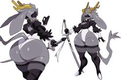 1girl 2b_(nier:automata) 2b_(nier:automata)_(cosplay) absurdres animal_ears antlers ass breasts cleavage cosplay covered_eyes crossover curvy cyberlord1109 from_behind furry goat_ears goat_tail grey_hair highleg highleg_leotard highres holding holding_sword holding_weapon horns huge_ass large_breasts leotard long_ears nier:automata nier_(series) pseudoregalia rabbit_ears short_hair standing sword sybil_(pseudoregalia) thick_thighs thighhighs thighs weapon white_background wide_hips