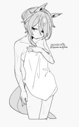 1girl animal_ears cropped_legs dated fingernails greyscale highres horse_ears horse_girl horse_tail k.s.miracle_(umamusume) monochrome naked_towel nude saramiao-chan simple_background solo tail towel twitter_username umamusume white_background