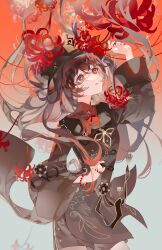 Rule 34 | 1girl, absurdres, air bubble, arm up, bead bracelet, beads, black nails, bracelet, brown coat, brown hair, brown hat, bubble, coat, commentary request, cowboy shot, flower, flower-shaped pupils, fre (haochilanzuo), genshin impact, hat, highres, hu tao (genshin impact), jewelry, long hair, long sleeves, looking up, multiple rings, open mouth, porkpie hat, red eyes, ring, solo, spider lily, symbol-shaped pupils