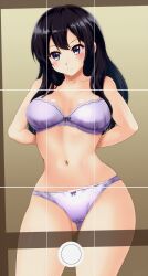 Rule 34 | 1girl, arms behind back, black hair, blue bra, blue eyes, blue panties, blush, bow, bow bra, bow panties, bra, breasts, closed mouth, cowboy shot, crotch seam, frown, hibike! euphonium, highres, kousaka reina, long hair, looking at viewer, m.i.y, medium breasts, navel, panties, solo, standing, underwear, underwear only, viewfinder