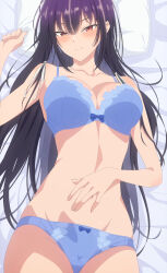 1girl absurdres anime_screenshot bed_sheet blue_bra blue_panties blush bow bow_bra bow_panties bra breasts closed_mouth collarbone colored_inner_hair cowboy_shot female_focus haite_kudasai_takamine-san hand_on_own_stomach highres large_breasts long_hair looking_at_viewer lying multicolored_hair on_back panties pillow purple_hair red_eyes smile solo stitched takamine_takane third-party_edit underwear underwear_only very_long_hair