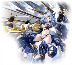 1girl armor armored_boots bikini_armor blue_eyes blue_hair boots breasts fingerless_gloves gloves gun hair_intakes headgear holding holding_weapon horns huge_weapon large_breasts long_hair looking_at_viewer mecha_musume mechanical_ears mechanical_horns mechanical_wings medium_breasts navel official_art purple_eyes rhine_(starward) science_fiction solo starward stomach thighs thrusters underboob weapon wings