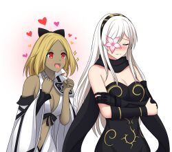 Rule 34 | 2girls, :d, bare shoulders, black bow, black hairband, black leotard, black scarf, blonde hair, bow, breasts, cape, cleavage, clenched hands, closed eyes, closed mouth, commission, cosplay, costume switch, crossed arms, crossover, dark-skinned female, dark skin, drag-on dragoon, drag-on dragoon 3, dress, embarrassed, fimi artworks, flower, flower over eye, glowing, gold trim, gravity daze, hair bow, hairband, heart, highres, kitten (gravity daze), leotard, long hair, long scarf, looking at another, lunar tear, mechanical arms, medium breasts, medium hair, midriff, multiple girls, navel, open mouth, parted bangs, pink flower, print hairband, red eyes, scarf, side cape, sidelocks, single bare shoulder, single mechanical arm, single vambrace, smile, sparkle, standing, upper body, vambraces, vgen commission, white background, white cape, white dress, white hair, wide sleeves, zero (drag-on dragoon)