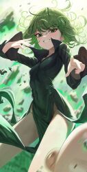 Rule 34 | 1boy, 1girl, absurdres, black dress, breasts, commentary request, covered navel, curly hair, debris, dress, green eyes, green hair, grin, highres, long sleeves, looking at viewer, one-punch man, pelvic curtain, petite, popped collar, re naya, saitama (one-punch man), small breasts, smile, tatsumaki, teeth