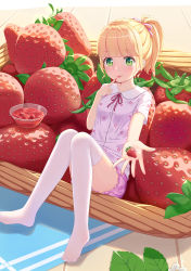 1girl :p absurdres abwan blunt_bangs blush bowl breasts brown_hair closed_mouth collared_shirt dress_shirt female_focus finger_to_mouth flower food food_on_hand frilled_shorts frills fruit green_eyes hair_ribbon heart heart_print highres holding holding_food in_food knees_together_feet_apart looking_at_viewer no_shoes original oversized_object pink_ribbon pink_shirt pink_shorts ponytail print_shirt ribbon shirt short_shorts short_sleeves shorts sidelocks sitting small_breasts smile solo strawberry thighhighs tongue tongue_out white_flower white_thighhighs