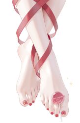 1girl absurdres barefoot candy feet food foot_focus ggll highres leg_ribbon lollipop original out_of_frame red_background red_nails red_ribbon ribbon simple_background soles solo toes