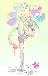 Rule 34 | 1girl, absurdres, animal ears, armpits, balloon, balloon animal, bow, bow hairband, breasts, cleavage, commentary, detached collar, flexible, gradient background, green hair, hair between eyes, hair bow, hair rings, hairband, heart balloon, high heels, highleg, highleg leotard, highres, holding own leg, large breasts, leotard, looking at viewer, original, pantyhose, parted lips, pink bow, pink eyes, pumps, sattan (u rara), shoes, sidelocks, solo, standing, standing on one leg, strapless, strapless leotard, stuffed animal, stuffed cat, stuffed toy, symbol-only commentary, tail, tail bow, tail ornament, white hairband, white leotard, white pantyhose, white shoes