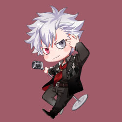 Rule 34 | 1boy, black jacket, black pants, black shirt, blush, chibi, chibi only, closed mouth, full body, heterochromia, highres, jacket, kurosaki ranmaru, kuzen, looking at viewer, male focus, multicolored nails, neckerchief, no nose, pants, red eyes, red neckerchief, shirt, simple background, solo, uta no prince-sama, white hair
