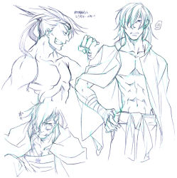 Rule 34 | 1boy, abs, adon (street fighter), angry, arm wrap, bandages, capcom, cape, reference sheet, grin, hair down, hair over one eye, hand wraps, headband, hikage mono, injury, male focus, mongkhon, monochrome, muscular, open clothes, open shirt, pectorals, shirt, topless male, short hair, smile, solo, street fighter, street fighter i, wrist wrap