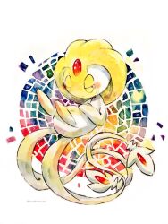 closed_mouth floating forehead_jewel full_body gen_4_pokemon highres legendary_pokemon nintendo no_humans non_(kumakawayusu) painting_(medium) pokemon pokemon_(creature) solo tears traditional_media twitter_username uxie watercolor_(medium)