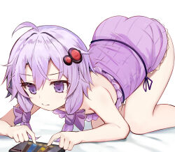 1girl ahoge all_fours ass bare_shoulders bow closed_mouth commentary_request double-parted_bangs dress efe hair_between_eyes hair_bow hair_ornament highres playing_games purple_bow purple_dress purple_eyes purple_hair short_hair_with_long_locks solo strapless strapless_dress top-down_bottom-up video_game vocaloid voiceroid white_background yuzuki_yukari