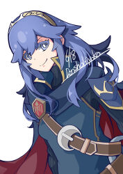 1girl armor blue_eyes blue_hair cape closed_mouth dated fire_emblem fire_emblem_awakening hair_between_eyes highres long_hair long_sleeves looking_at_viewer lucina_(fire_emblem) nintendo red_cape ryoto_soukyuu shoulder_armor signature smile solo upper_body white_background