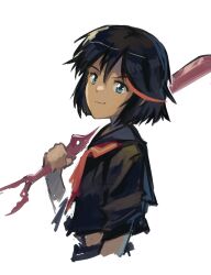 1girl absurdres blue_eyes from_side highres holding holding_sword holding_weapon kill_la_kill kornod looking_at_viewer matoi_ryuuko medium_hair red_hair school_uniform scissor_blade_(kill_la_kill) senketsu simple_background sword upper_body weapon white_background