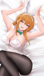 1girl :d absurdres alternate_costume animal_ear_hairband animal_ears armpits arms_up bandaid bandaid_on_cheek bandaid_on_face bare_shoulders bed_sheet black_pantyhose blonde_hair blue_eyes blush bow bowtie breasts cleavage commentary detached_collar ear_piercing fake_animal_ears goddess_of_victory:_nikke green_bow green_bowtie hair_between_eyes hairband highleg highleg_leotard highres kotori_ukuwa large_breasts leotard looking_at_viewer lying maxwell_(nikke) multiple_piercings on_back open_mouth pantyhose piercing playboy_bunny ponytail rabbit_ear_hairband rabbit_ears short_hair short_hair_with_long_locks short_ponytail sidelocks smile solo strapless strapless_leotard teeth traditional_bowtie upper_teeth_only white_leotard