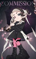 1girl black_boots black_dress black_eyes black_hair boots closed_mouth commission congcongcon dress full_body hair_ribbon heart heart_in_eye heterochromia highres holding holding_umbrella long_sleeves looking_at_viewer medium_hair mole mole_under_eye multicolored_hair nintendo octoling octoling_girl octoling_player_character pantyhose parted_bangs pink_eyes pink_hair pink_pantyhose ponytail rain ribbon short_ponytail smile solo splatoon_(series) standing symbol_in_eye tentacle_hair umbrella white_ribbon