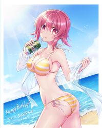 1girl ass beach bikini blue_sky border breasts butt_crack can chaos;child cleavage collarbone cowboy_shot day drinking_straw dutch_angle hair_between_eyes halterneck happy_birthday highres holding holding_can looking_at_viewer medium_breasts medium_hair nishijou_myu ocean onoe_serika outdoors pink_hair red_eyes ribbon side-tie_bikini_bottom sideboob sky solo standing straight_hair striped_bikini striped_clothes sunlight swimsuit tongue tongue_out twisted_torso white_border white_ribbon yellow_bikini