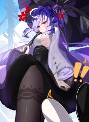 1girl absurdres anger_vein bangboo_(zenless_zone_zero) black_nails black_pantyhose black_skirt blush breasts commentary english_commentary from_side highres holding holding_umbrella large_breasts long_hair long_sleeves looking_at_viewer multicolored_hair nail_polish pantyhose parasol patterned_legwear pointy_ears pout purple_hair purple_umbrella red_eyes shrug_(clothing) sidelocks skirt solo streaked_hair umbrella vivian_banshee voi_271 white_shrug zenless_zone_zero