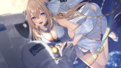 Rule 34 | 1girl, 1other, artist request, astronaut, blonde hair, blush, breasts, dress, earth (planet), floating, gold, hanging breasts, helmet, highres, large breasts, long hair, open mouth, planet, purple hair, riza eris, shoes, skirt, smile, space, spacesuit, star (sky), virtual youtuber