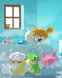 1girl bath bathing bathroom closed_eyes eyelashes gen_1_pokemon gen_2_pokemon goldeen green_eyes highres holding holding_pokemon lotion_bottle marill misty_(pokemon) nintendo nody_(nody_lowmoo) one_eye_closed open_mouth plant pokemon pokemon_(anime) pokemon_(creature) politoed potted_plant psyduck side_ponytail soap_bubbles tile_floor tiles togepi towel washing_another window