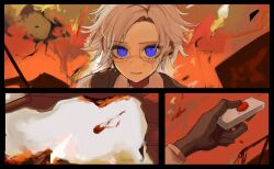 Rule 34 | 1boy, 3koma, aotsuki eito, black gloves, blue eyes, closed mouth, comic, controller, explosion, eyelashes, glasses, gloves, highres, looking at viewer, male focus, orange background, parted hair, red button, remote control, smile, solo, solo focus, the hundred line -last defense academy-, upper body, white hair