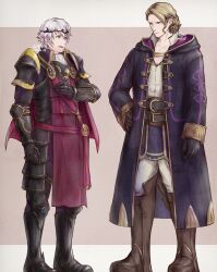 2boys alternate_costume belt black_belt black_boots black_gloves black_robe blonde_hair boots brown_boots cape closed_mouth commentary_request cosplay costume_switch fire_emblem fire_emblem_awakening fire_emblem_fates full_body gloves hand_on_own_chest hand_on_own_hip highres hooded_robe knee_boots looking_at_another male_focus male_robin_(fire_emblem) male_robin_(fire_emblem)_(cosplay) multiple_boys nintendo open_clothes open_robe pants parted_lips purple_cape robe shirt standing tohka_sd white_pants white_shirt xander_(fire_emblem) xander_(fire_emblem)_(cosplay)