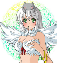 1girl animal animal_on_head bangle bikini blush bracelet breasts cat cat_on_head cleavage closed_mouth expressionless feather_trim feathered_wings green_eyes grey_cat grey_hair jewelry large_breasts long_hair looking_at_viewer lowres monou0135 mouth_hold on_head ragnarok_online solo swimsuit upper_body wanderer_(ragnarok_online) white_background white_bikini white_wings wings