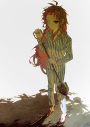 Rule 34 | 1boy, absurdres, alternate costume, antenna hair, barefoot, blood, blood on clothes, blood on feet, bloody weapon, chinese commentary, closed mouth, commentary request, expressionless, eyepatch, full body, hatsutori hajime, highres, holding, holding shovel, long hair, long sleeves, male focus, medical eyepatch, pajamas, pants, pink hair, red eyes, saibou shinkyoku, shirt, shovel, solo, striped clothes, striped pajamas, striped pants, striped shirt, vertical-striped clothes, vertical-striped pants, vertical-striped shirt, very long hair, weapon, white pants, white shirt, yongzhehentai