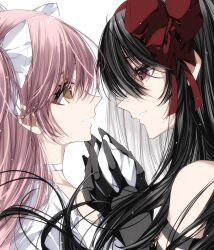 2girls akemi_homura akuma_homura black_gloves black_hair bow choker gloves hair_bow highres holding_hands kaname_madoka long_hair looking_at_another mahou_shoujo_madoka_magica mahou_shoujo_madoka_magica:_hangyaku_no_monogatari misteor multiple_girls open_mouth pink_hair purple_eyes red_bow smile ultimate_madoka white_bow white_choker white_gloves yellow_eyes yuri