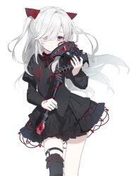 1girl axe black_dress black_eyes black_thighhighs black_vest dress hair_over_one_eye highres holding holding_axe holding_weapon long_hair neck_ribbon original parted_lips red_ribbon ribbon shikaiq simple_background single_thighhigh solo thighhighs vest weapon white_background white_hair